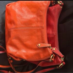 Red/Peach/Coral leather Coach Saddle bag
